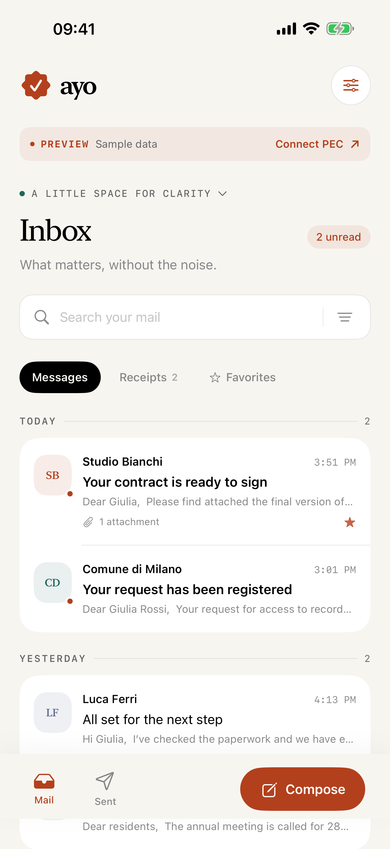 Ayo inbox with search, messages and receipts