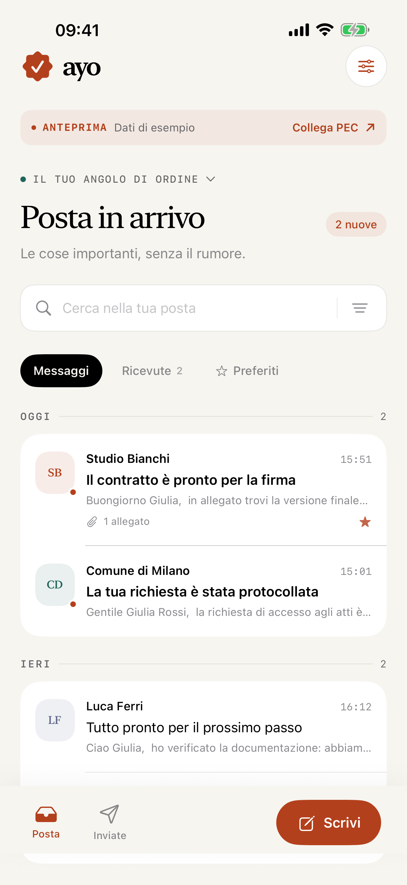 Posta in arrivo di Ayo con ricerca, messaggi e ricevute